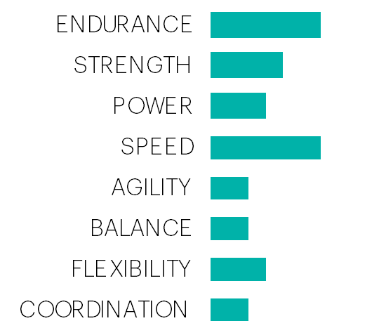 Endurance, strenght, power, speed, agility, balance, flexibility, coordination